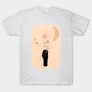 mystical moon, stars, hand and flower T-Shirt